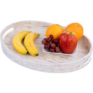 PEMAR 15.7"x11.8" Oval Mother of Pearl Serving Tray, Decorative Ottoman Tray for Living Room, Coffee Table, Breakfast in Bed, Candle Display (White Cream)