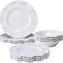 Cream 12pcs Beaded 100% Melamine Dinnerware Set, Elegant Scalloped Edge Durable & Shatterproof Outdoor Dining Set,Unbreakable Plates & Bowls Set for Indoor/Outdoor Use, Dishwasher Safe