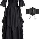 Renaissance Dress Women Gothic Witch Dress Medieval Ruffle Victorian High Low Dress Costume Set with Corset Belt (Large-X-Large, Black)