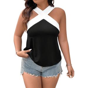 Floerns Women's Plus Size Criss Cross Tank Colorblock Sleeveless Halter Tops (XL)