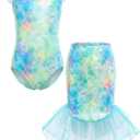 JiAmy Girls Mermaid Swimsuit 2 Piece Tankini Set Ruffle Sparkle Scale Bathing Suit with Mesh Tail Skirt 3-4T