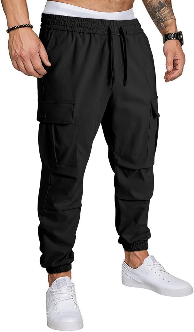 JMIERR Mens Casual Cargo Joggers Pants Elastic Waist Drawstring Stretch Relaxed Fit Work Pants Tapered Sweatpants (Large, Black)