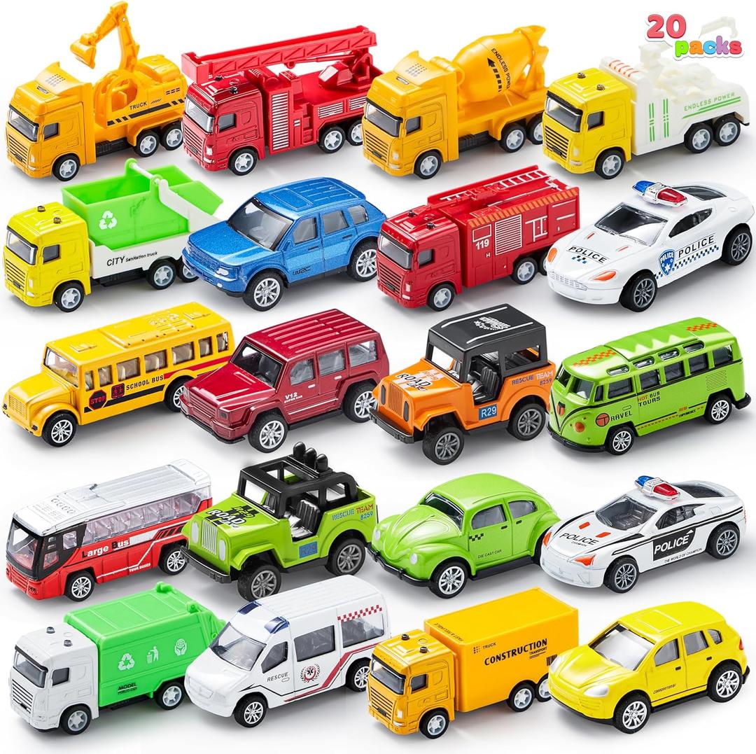 JOYIN 20PCS Die Cast Pull Back Cars, Metal Toy Cars, Car Toys Bulk, Vehicle Set for Toddlers, Kids Party Favors, Cake Toppers, Stocking Stuffers, Race Cars Toys for Boys