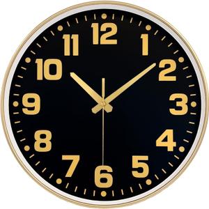 Wall Clock, 8inch Modern Silent Non-Ticking Wall Clocks Battery Operated with Large Easy-to-Read Numbers Tempered Glass, Decorative Analog Clock for Bedroom Living Room Kitchen Gym,Black Gold