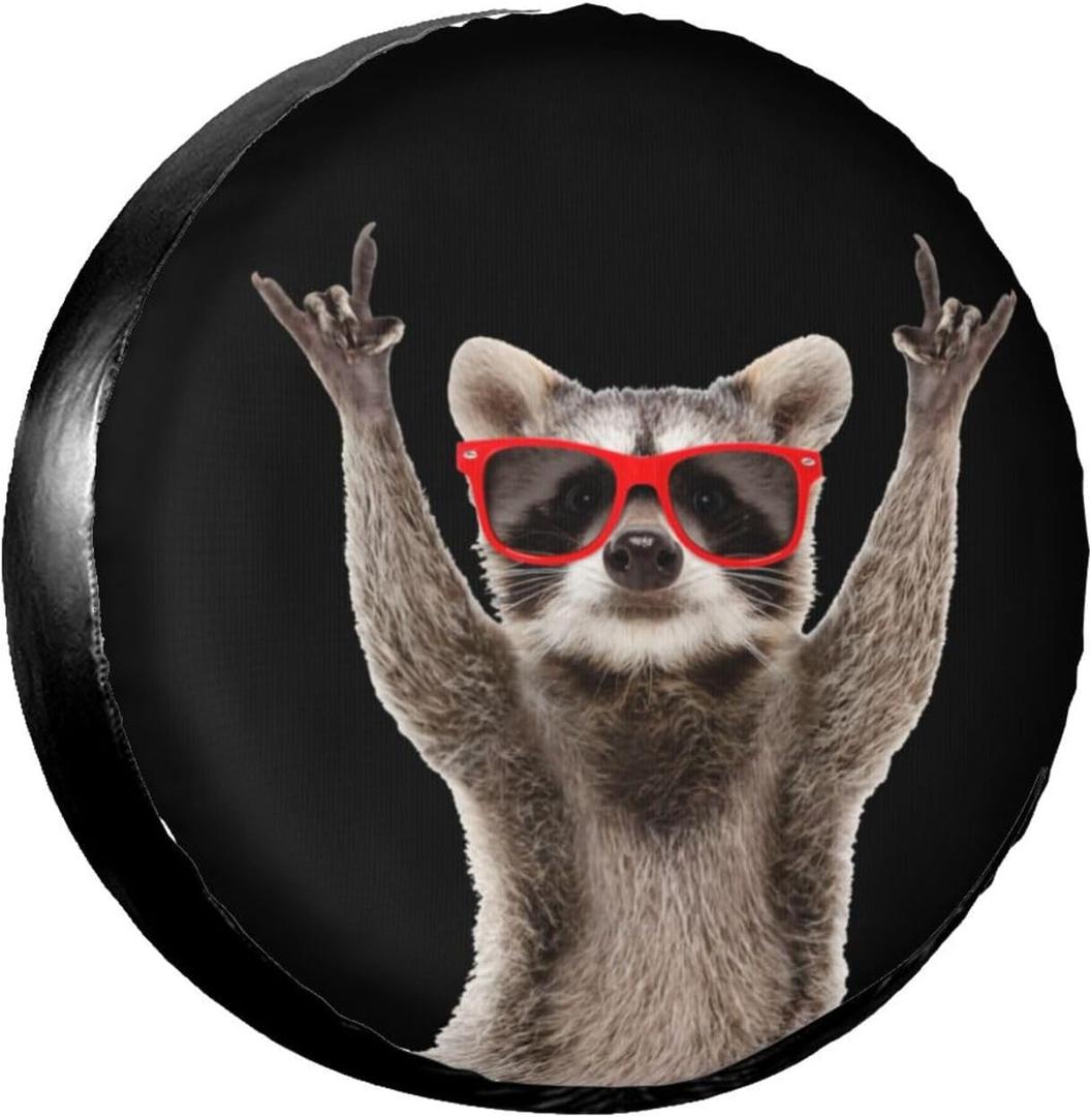 Spare Tire Cover Funny Raccoon in Red Sunglasses Wheel Tire Covers Waterproof Dust-Proof Wheel Tire Protector Weatherproof Tyre Covers Universal for Trailer RV SUV Truck Truck Off-Road Travel 15 Inch