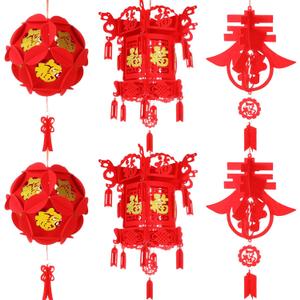 Baquler 6 Pieces Chinese Lanterns Large Chinese New Year Decorations Red Lucky Lantern Golden Fu 3D Spring Festival Hanging Decorative