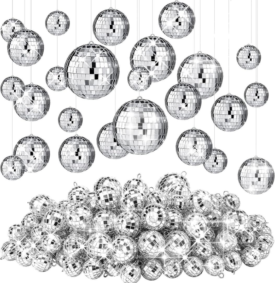 Funtery 100 Pcs Mirror Disco Balls Bulk Assorted Silver Hanging Disco Ball Decor for Home Wedding Birthday Dance Music 70 S Theme Party Christmas Tree Ornaments(1.2'', 2'', 3.2'', 4'')