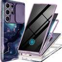 GVIEWIN for Samsung Galaxy S24 Ultra Case, [Slide Camera Cover & Built-in Privacy Screen Protector] [2 Front Frame] Military Grade Shockproof Marble Phone Case for S24 Ultra (Floating Cloud/Purple)