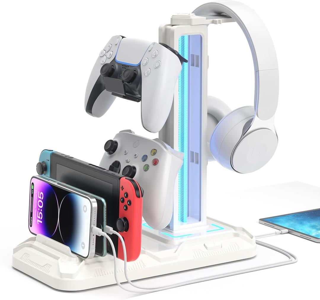 KDD Headset Stand with Charging Station - Detachable Controller Holder with 9 Light Modes - Rotatable Headphone Hanger with USB A&C Charger Ports - Earphone Hook for PC Gaming Accessories Storage (White)