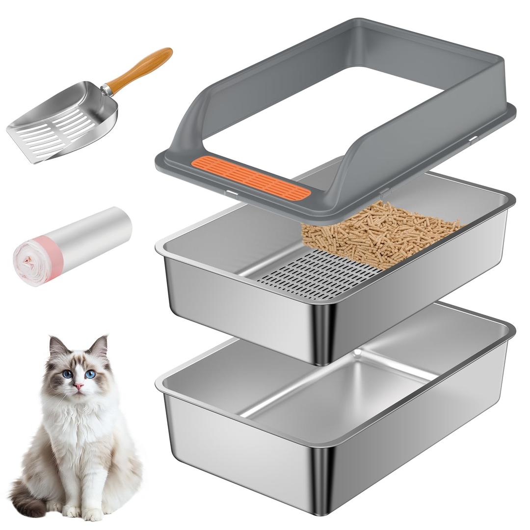 2PACK Stainless Steel Sifting Litter Box with Lid, XL Extra Large Sifting Cat Litter Box for Pine Pellets & Big Cats,Metal Pellet Sifter Litter Pan System for Odor Control,Sifting Box Liners & Scoop