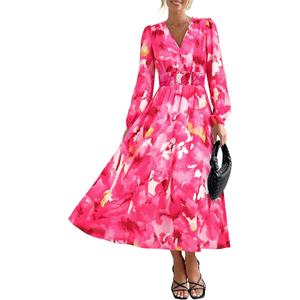 PRETTYGARDEN Women's Floral Midi Dress Casual Fall V Neck Long Sleeve Flowy Spring Beach Wedding Guest Vacation Dresses (X-Large, Rose Pink Watercolour)