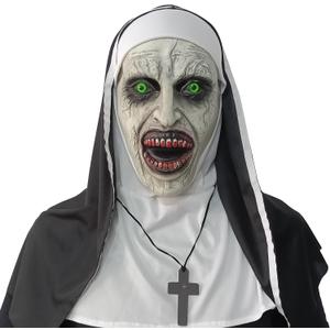 2024 Nun Scary Mask,Halloween Party Scary Full Head Costume Mask with cross necklace