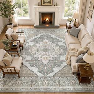 Tortania Area Rug Living Room Rugs - 10x14 Washable Boho Rug Vintage Oriental Distressed Farmhouse Large Thin Indoor Carpet for Living Room Bedroom Under Dining Table Home Office - Sage Green