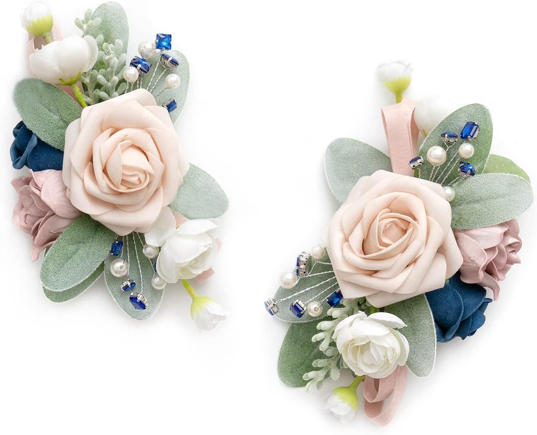 Ling's Moment 2pcs Wedding Shoulder Corsage Artificial Flowers, Girl/Mother Homecoming/Prom Corsages Wristlet Dcor, etc. Navy Blue Pink Ranunculus (Pk-navy Blue Pink & Ranunculus)