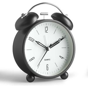 Twin Bell Loud Alarm Analog Alarm Clock, 4 inch Super Silent Non Ticking Small Clock with Night Light, Battery Operated, Simple Design, Old Fashioned, for Heavy Sleeper, Bedroom, Bedside, Desk, Black