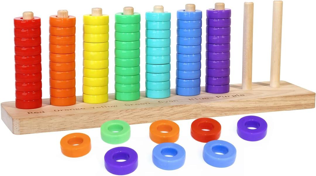Color Sorting Stacking Game Toys, 7 Colors Ring Stack Challenge Puzzle Game, Wooden Rings Color Matching & Stacking Toys for Kids, Competitive Tabletop Game for Family Night, Gifts for Boys and Girls