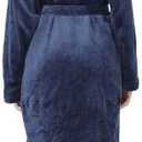 RONGTAI Womens Robes Plush Fleece Hooded Bathrobe Thick Nightgown with Pockets Fluffy Sleepwear (Small, Navy Blue)