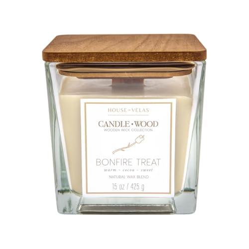 House of Velas Candle Wood Collection, 15 oz, 1 Wooden Wick, Bonfire Treat, Square Glass Jar Candle
