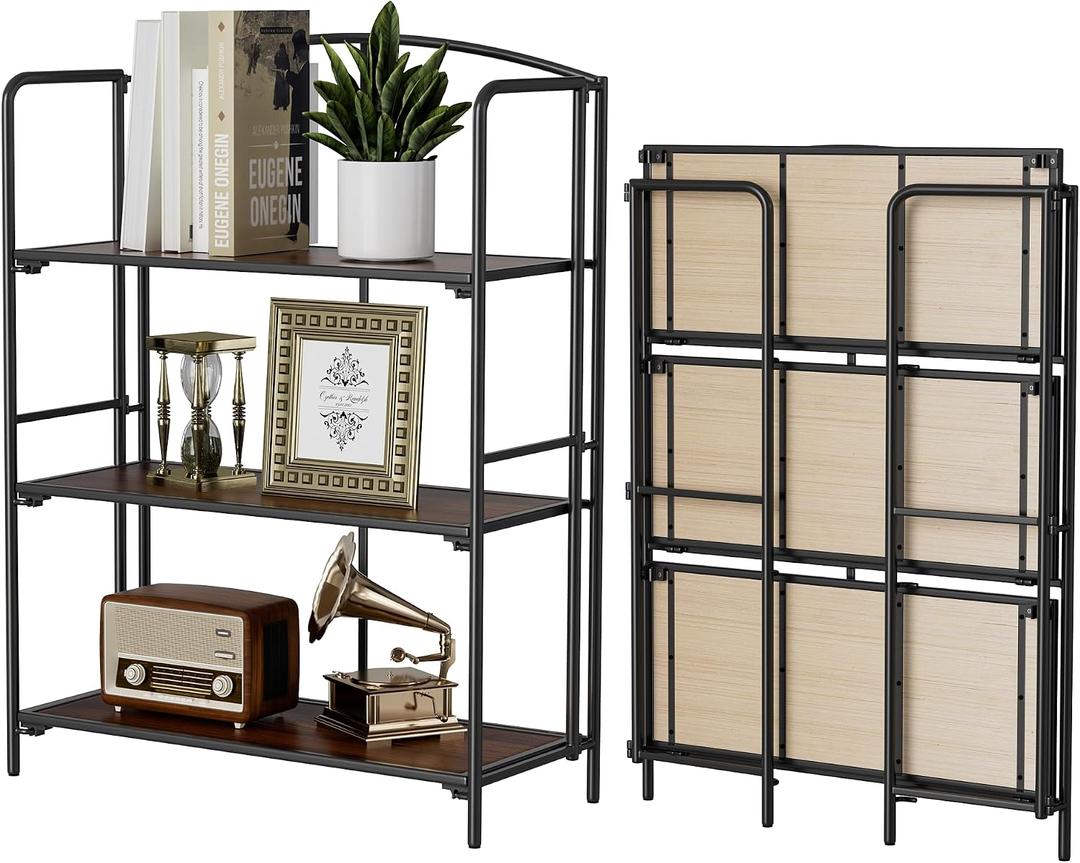 Crofy No Assembly Folding Bookshelf for Living Room, 3 Tier Black Collapsible Book Shelf for Home Office, Portable Bookcase Storage Organizer, 3 Tier Wider