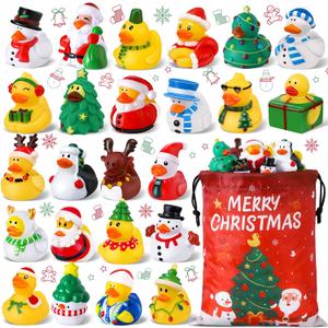 24 Pcs Christmas Rubber Ducks with a Bag, Christmas Stocking Stuffers for Kids, Santa Duckies for Xmas Party Favors Decorations, Ducks for Jeeps Classroom Gift Exchange, Baby Bath Toys
