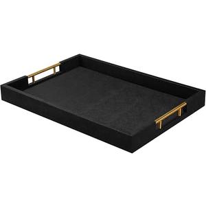 14x20 Inches Black Faux Leather Wrappen Wood Serving Tray with Metal Handles for Various Occasions, Ottoman, Home Decor Decorative, Living Room, Coffee Table Organizer, Serving Breakfast On Bed