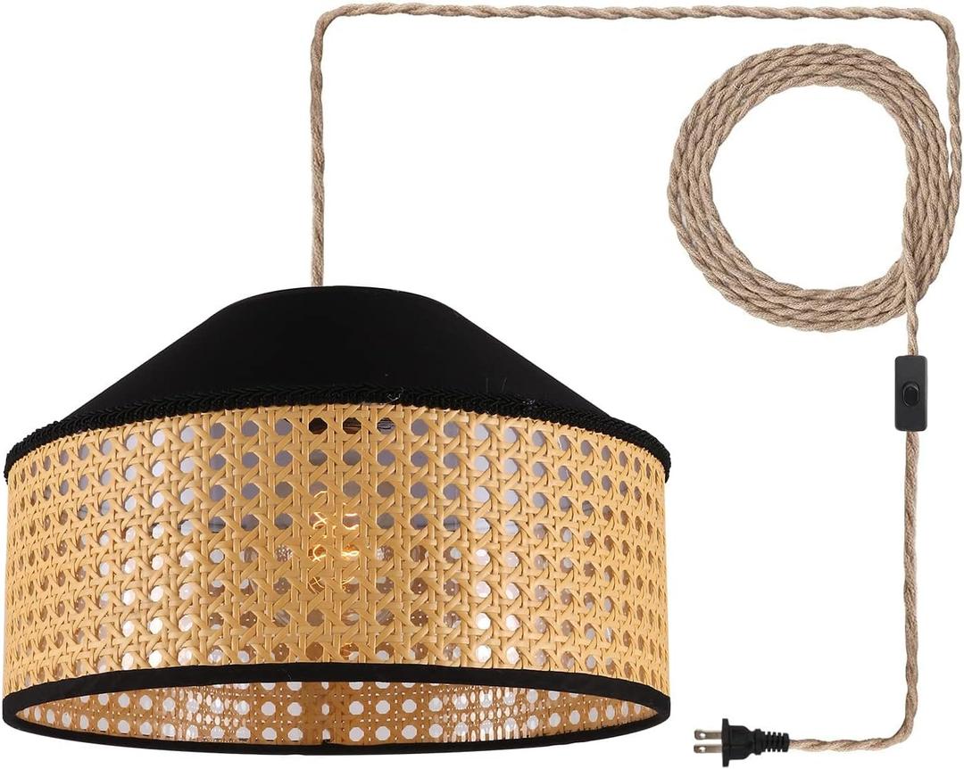 Plug in Pendant Light Rattan Hanging Lamp with On/Off Switch 15 Ft Hemp Rope Black Fabric+Handwoven Rattan Lampshade,12Hanging Light Fixture for Bedroom, Kitchen, Living Room