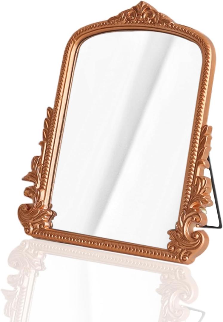 Rose Gold Makeup Mirror, Small Standing Vanity Desk Mirror Decorative Ornate Arched Desk Mirror with Carved Wood Frame, for Bedrooms,Living Rooms Table Top and Salon 11.8" x 9.6"