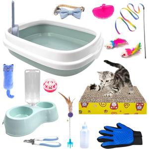 Kitten Starter Kit - 15 Piece Cat Essentials Set Includes Litter Box, Toys, Collars, Scratch Pad, Nail File, Automatic Feed Bowls, Grooming Gloves (Blue)