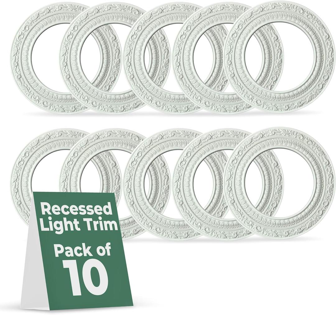 Renovators Supply Manufacturing Recessed Spot Light Trim White Urethane Recessed Decorative Ceiling Medallion 6" ID X 10" OD Light Rosette Water Resistant Ceiling Moulding Pack of 10
