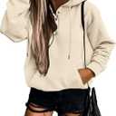 SHEWIN Women's Casual Hoodies Long Sleeve Solid Lightweight Pullover Tops Loose Sweatshirt with Pocket (Beige, XL)