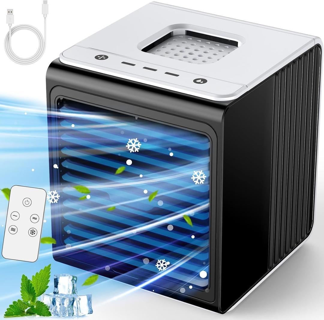 3-IN-1 Mini Air Conditioner with Remote, Top Splash-Proof Design, Powerful 3 Speeds & Cool Mist, Large Capacity Tank for 6H Cooling, USB Small Portable Air Conditioner for Desk Office Room (Black/White)
