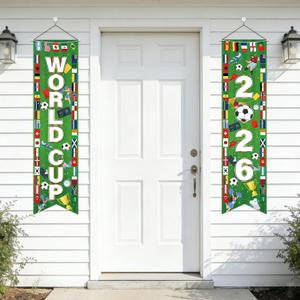 2 x Soccer 2026 Hanging Porch Banner Soccer Theme Vertical Hanging Sign, 2 Pack with International Flags for Porch Door Soccer Party, Sports Events, Bar, Street, Home Decorations 30cm x 117cm