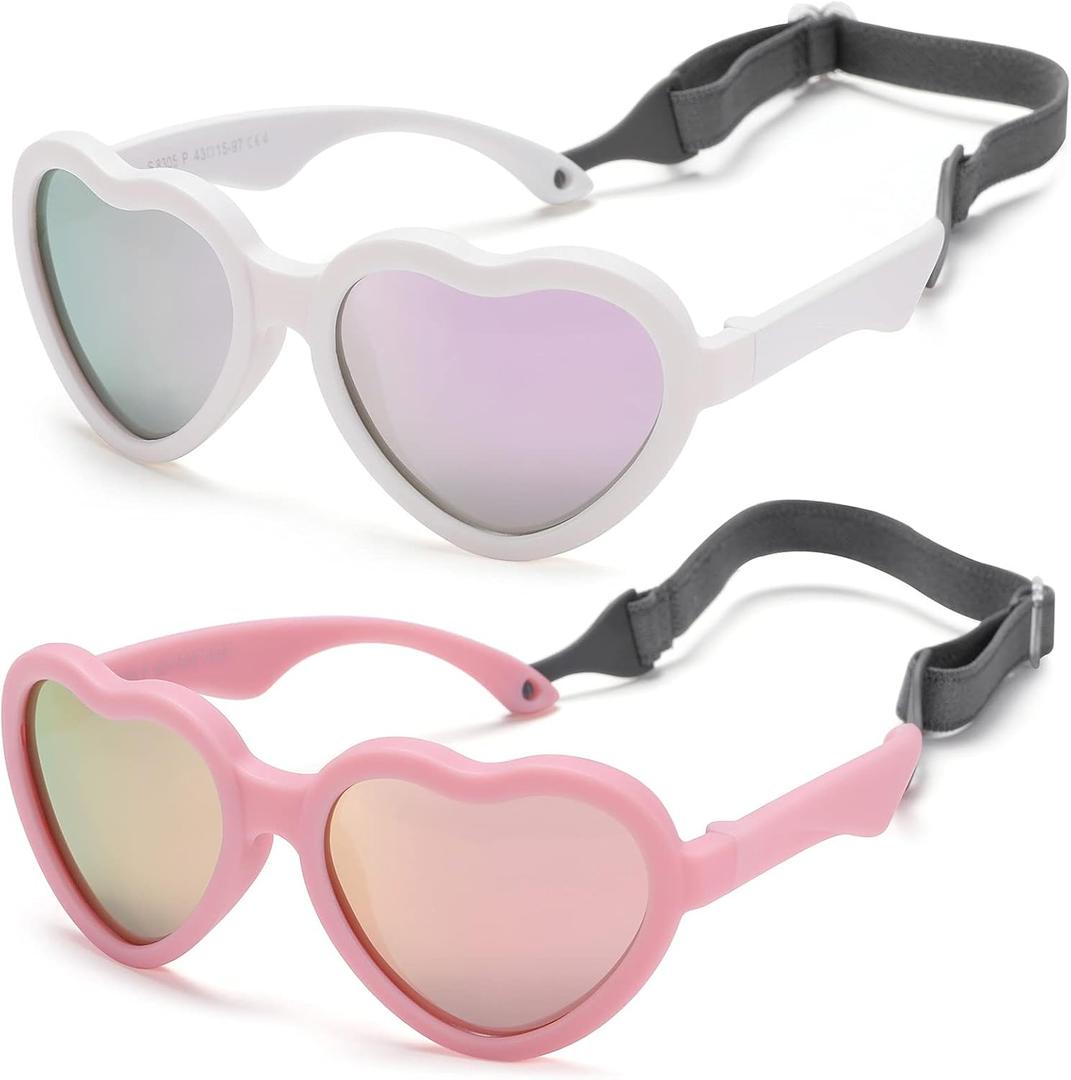 Flexible Heart Shaped Baby Polarized Sunglasses with Strap Adjustable Toddler & Infant Age 0-24 Months