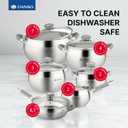 4 x Daniks Modern 11-Piece Stainless Steel Cookware Set with Glass Lids, Includes Saucepan and Frying Pan with Lid, Tri-Ply Bases for Even Heating, Induction Compatible, Dishwasher Safe, Heatproof Handles