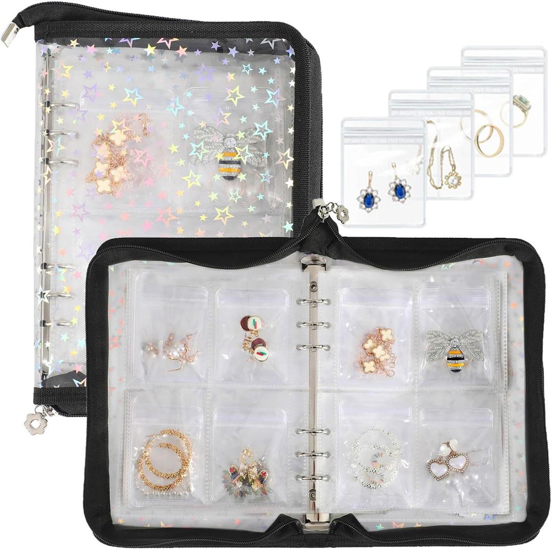 Earring Organizer Case Travel Jewelry Storage Book Clear with Small Zippered Pouch (Black, With 80 Pcs small Jewelry Pouches)