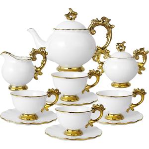fanquare 15 Piece Vintage Porcelain Tea Set for 6, White Large Tea Cups Set, Tea Party Set for Adults