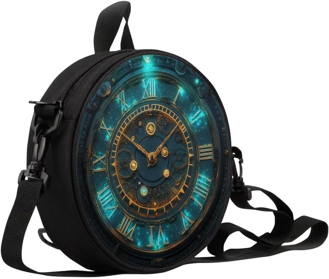 Women Novelty Round Clock Shape Zippered Clock Purses for Women Tote Handbag Shoulder Bag, Gift for Mom Girlfriend (Green-clock Galaxy Print)