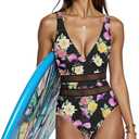 Jusfitsu Women's One Piece Swimsuits Tummy Control V Neck Bathing Suit for Women Sexy Mesh High Waisted Swimwear (Medium, Floral Printed Printed)
