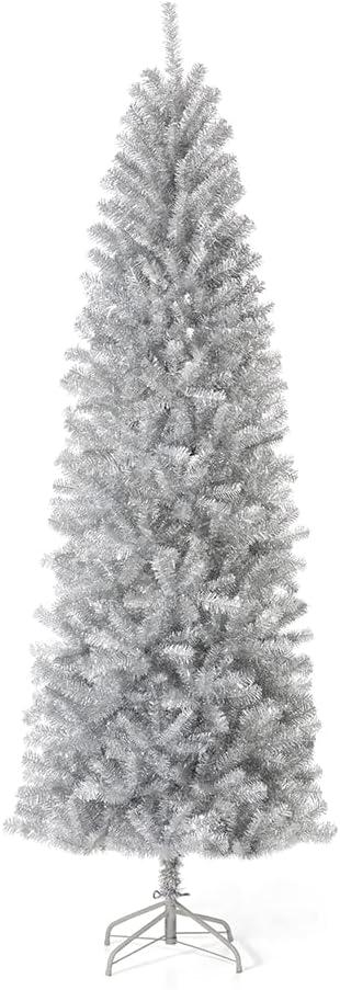Glitzhome 7.5ft Silve Pencil Tinsel Artificial Christmas Tree, Holiday Hinged Fir Christmas Tree with 1188 Branch Tips and Metal Foldable Stand for Home Office Party Holiday Decoration