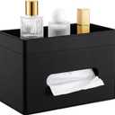 PU Leather Tissue Box Cover with Storage Tray, Rectangle Decorative Organizer Holder for Bathroom Vanity, Bedroom Dresser, Office and Nightstand, Black