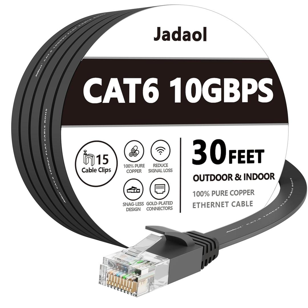 Jadaol Cat 6 Ethernet Cable 30 ft, 10Gbps Support Cat8 Cat7 Network, Flat RJ45 LAN Patch Cable, High-Speed Wired Internet Cable for Router, Modem, Switch, Gaming Consoles, PC, Streaming Devices, Black