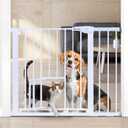 COMOMY Auto Close Baby Gate with Cat Door, 29.5"-40.5" Extra Wide Dog Gate for House Doorways Stairs, Pressure Mounted Easy Walk Thru Pet Gate, Includes 4 Wall Cups and 2 Extension Pieces, White