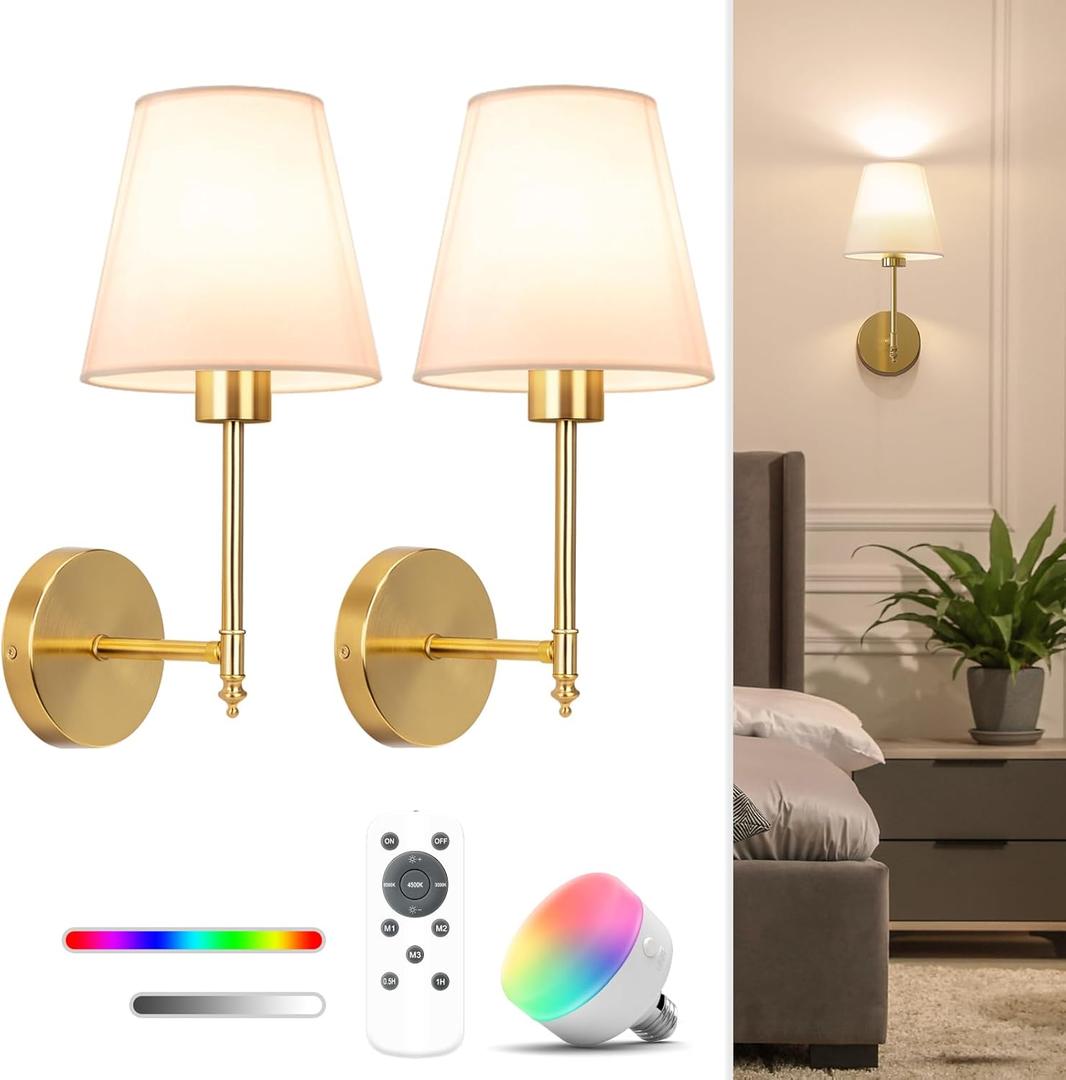 NIORSUN 14.5 inch Battery Operated Wall Sconce Set of 2,Gold Rechargeable Wall Lights with 5200mAh Dimmable Detachable Bulbs and Remote,9 Colors Wireless Sconces for Bedroom Living Room Hallway Decor