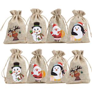 CCINEE 36pc Christmas Linen Bags with Drawstrings Christmas Burlap Goody Gift Bags with Double Jute Drawstrings, 4 designs Snowman, Santa Claus, Penguin and Reindeer