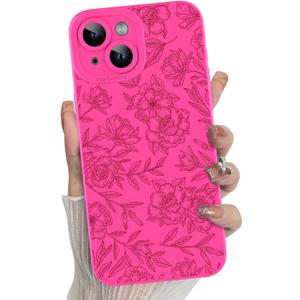 MZELQ for iPhone 15 Case, Silicone Floral Flower Rose Cute Pattern, Camera Protection Soft Slim Phone Case for Girls Women -Hot Pink