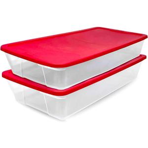 HOMZ 2-Pack Holiday Tote, Clear Plastic Storage Organizer Bins with Lids, 41 Quart, Red - Stackable Organizing Containers for Christmas Ornament Decorations, Gift Wraps, and Crafts