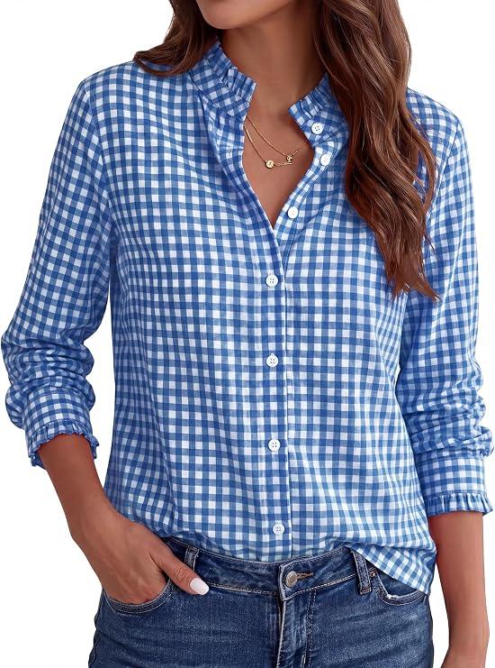 ANRABESS Womens Long Sleeve Button Down Shirts Gingham Striped Blouses Plaid Checkered, Ruffle Smocked Collared Cuffs, Business Casual Outfits, Work Office Dressy Tops, Fall Spring Layering XL