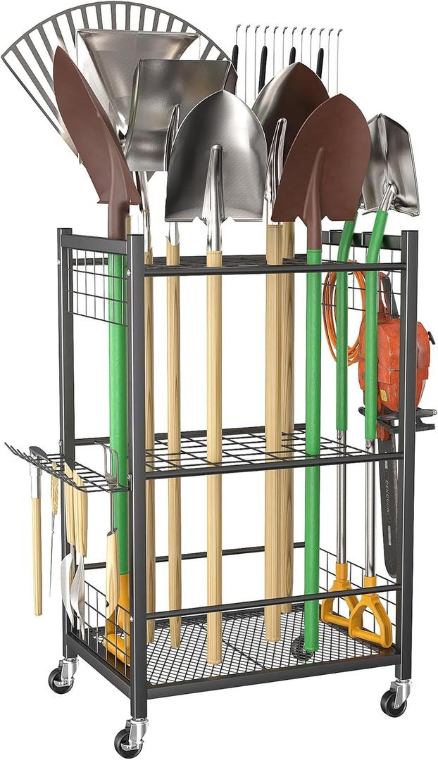 WALMANN Garden Tool Organizer on Wheels, Rakes/Shovels/Yard Tools Stand, M