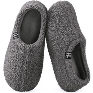 HomeTop Women's Fuzzy Curly Fur Memory Foam Loafer Slippers with Polar Fleece Lining (6.5, Dark Grey)
