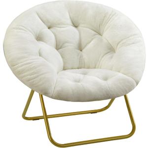 Sweetcrispy Cozy Saucer Chairs Faux Fur Living Room Reading Lounge Furniture Folding Comfy with Soft Thick Padded Seat Metal Frame Modern Style for Bedroom Home Adults, X-Large, White
